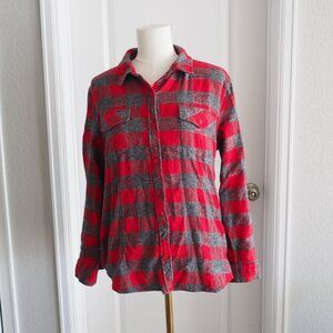 KEREN Hart Red and Gray Plaid Flannel Button up Shirt 100% Cotton Cozy Sz Large